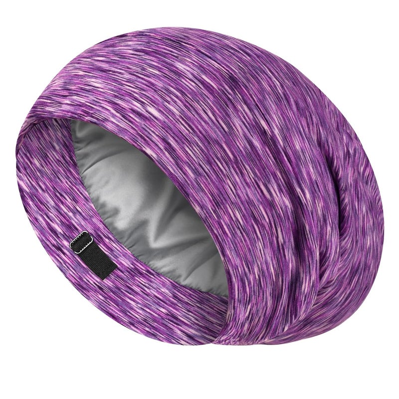 LULUSILK Mulberry Silk Lined Sleep Cap, No More Frizzy Tangled Hair, Stay On Silk Hair Wrap for Sleeping with Adjustable Strap, Silk Bonnet for Women and Men, Assorted Color Purple, Pack of 1 - Image 1